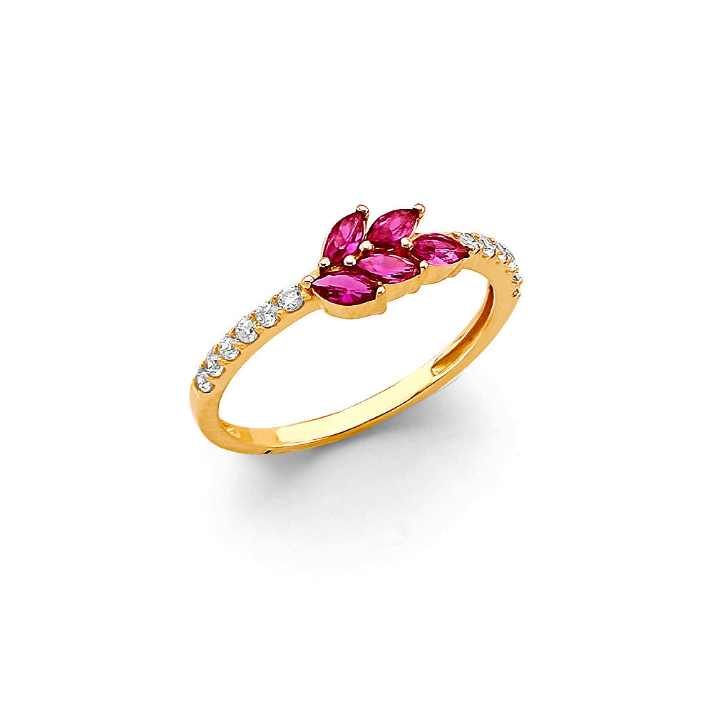14K Yellow Gold Synthetic Red Ruby CZ Marquise Flower Ring