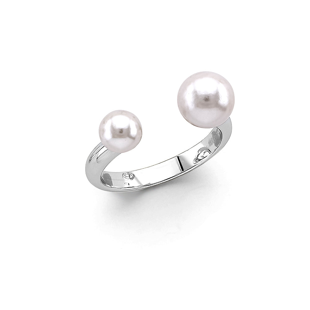14K White Gold Double Pearl Open Cuff Ring