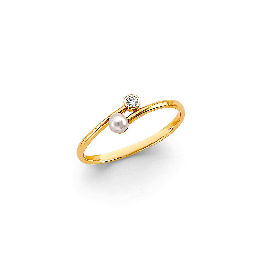 14K Yellow Gold Pearl & CZ Bypass Ring