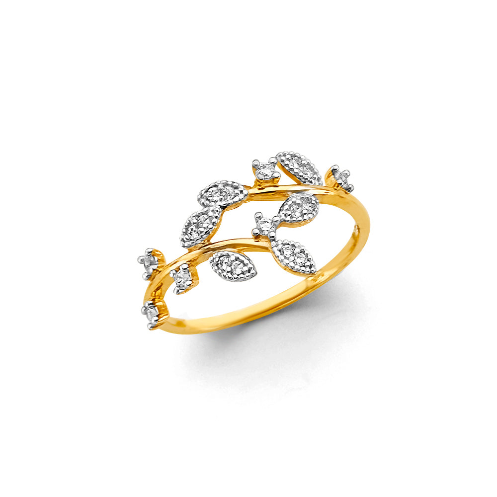 14K Two-Tone Gold Women's Leaf Design CZ Ring