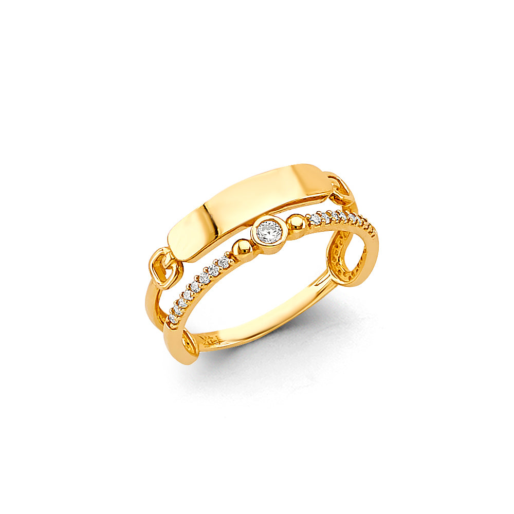 14K Yellow Gold Women’s ID Bar Chain Design CZ Ring
