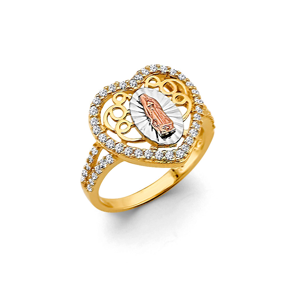 14K Tri-Color Gold Women’s Virgin Guadalupe CZ Filigree Ring
