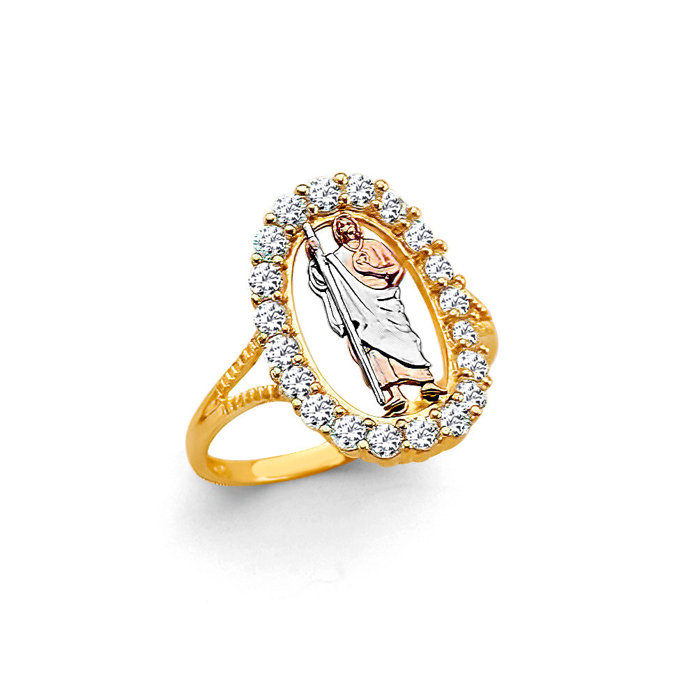 14K Tri-Color Gold Women’s San Judas Oval Halo CZ Ring