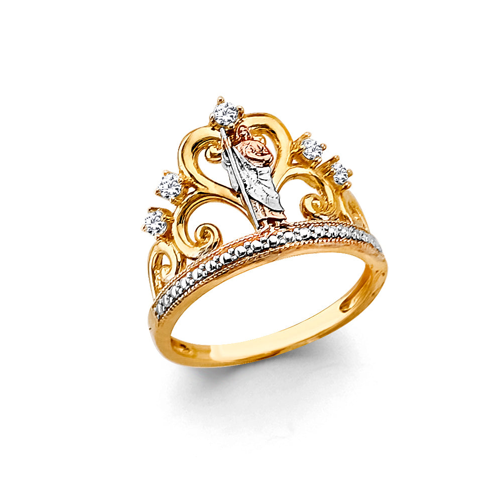 14K Tri-Color Gold Women’s San Judas Crown Design CZ Ring