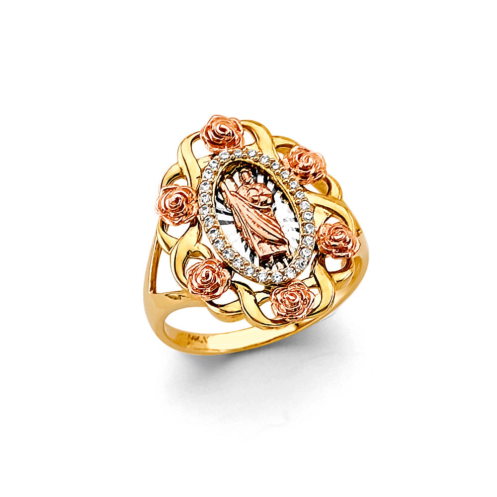 14K Tri-Color Gold Women’s San Judas Rose Design CZ Ring