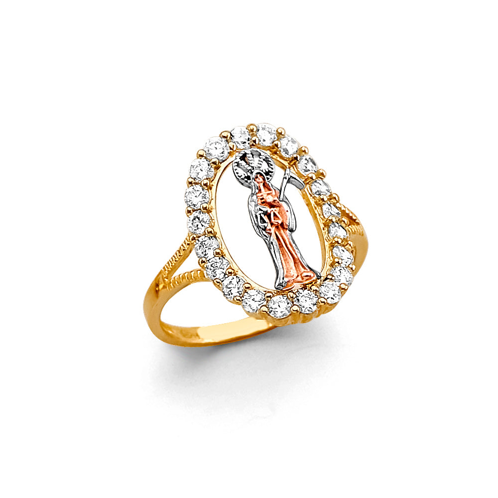 14K Tri-Color Gold Women’s Santa Muerte CZ Halo Ring