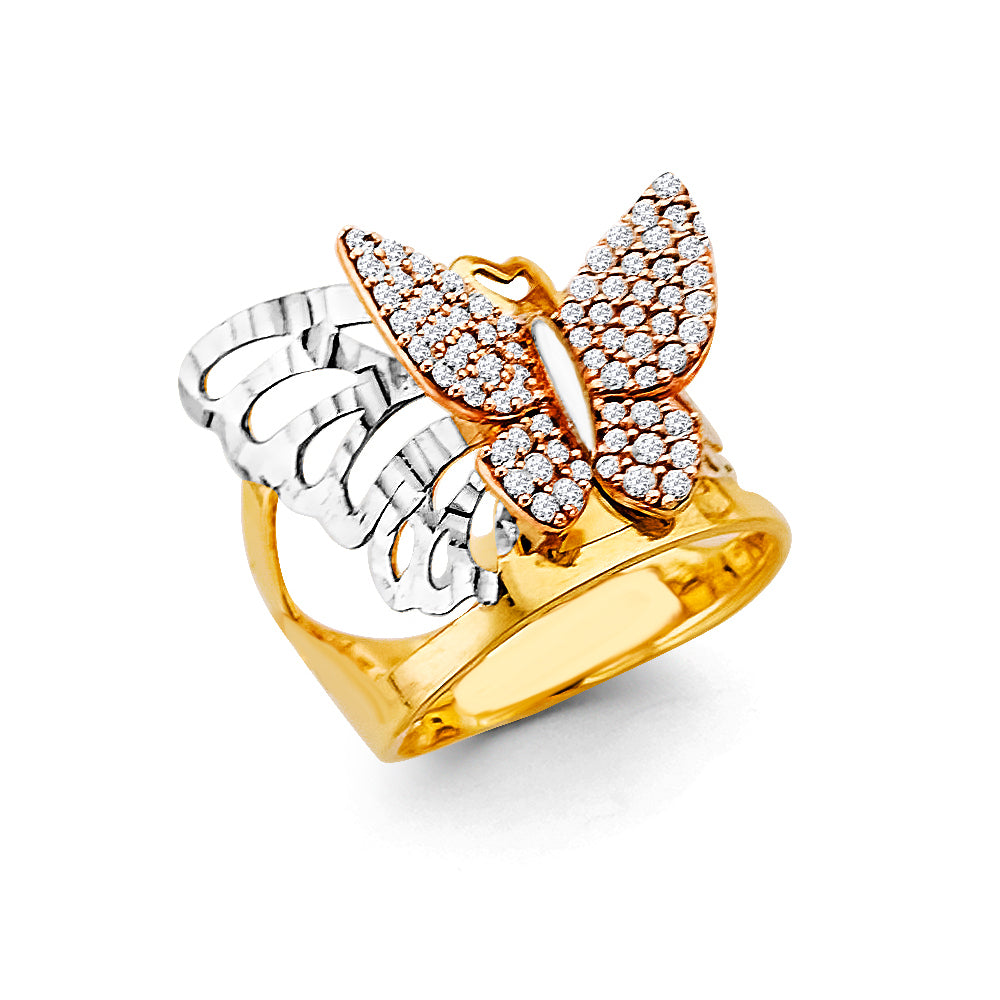 14K Tri-Color Gold Butterfly Design CZ Women’s Ring