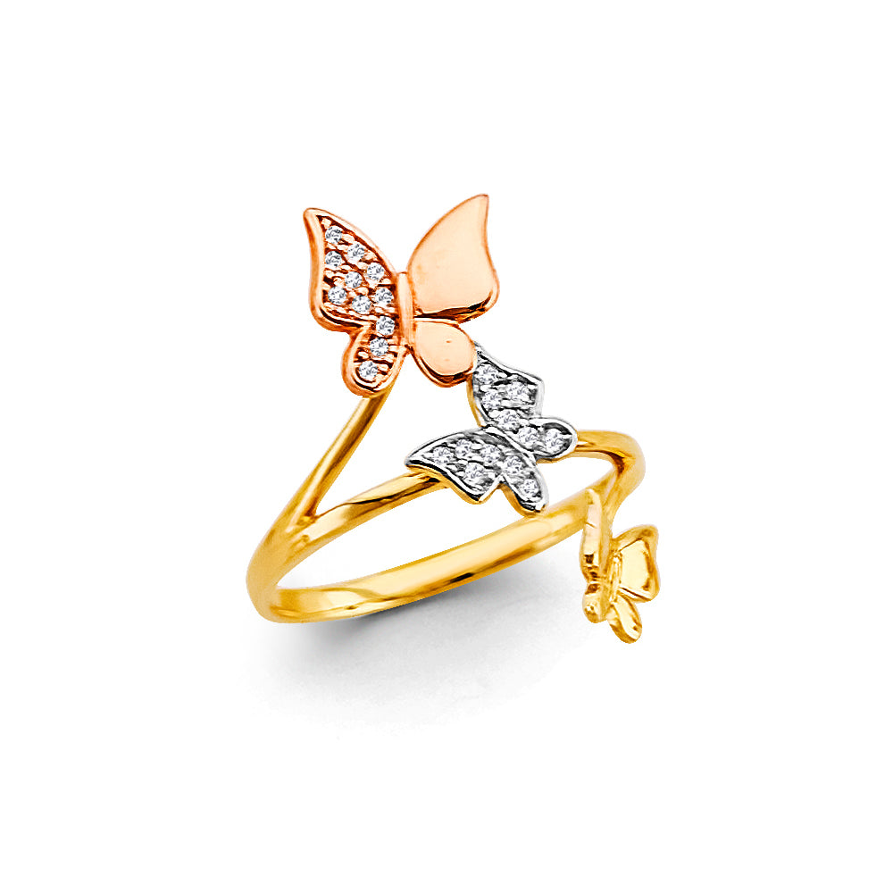 14K Tri-Color Gold Double Butterfly CZ Women’s Ring