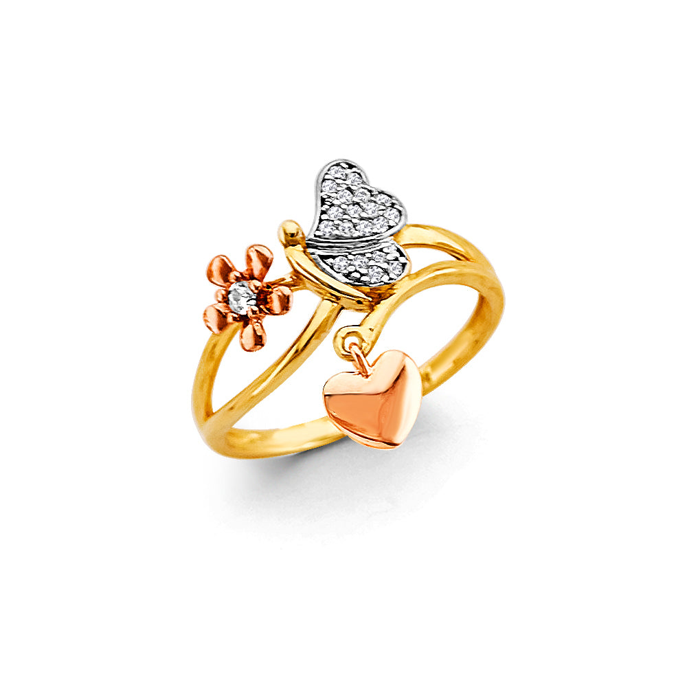 14K Tri-Color Gold Butterfly & Heart CZ Women’s Ring