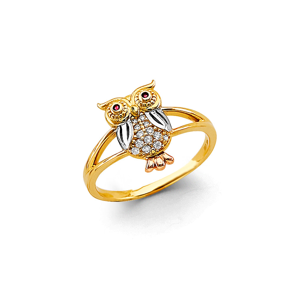 14K Tri-Color Gold Owl Design CZ Women’s Ring