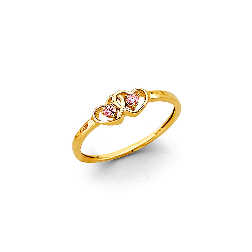 14K Yellow Gold Double Heart Design Synthetic Pink CZ Women’s Ring