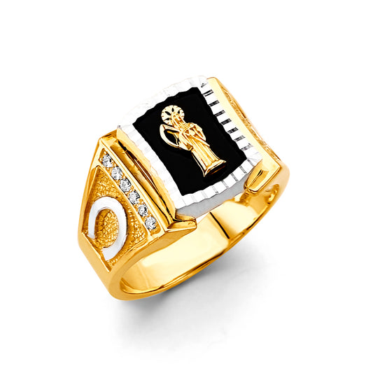 14K Two-Tone Gold Men’s CZ Santa Muerte Onyx Ring