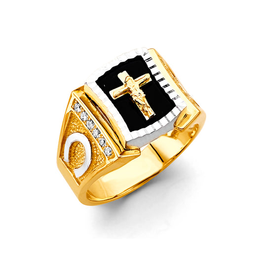 14K Two-Tone Gold Men’s CZ Onyx Crucifix Ring