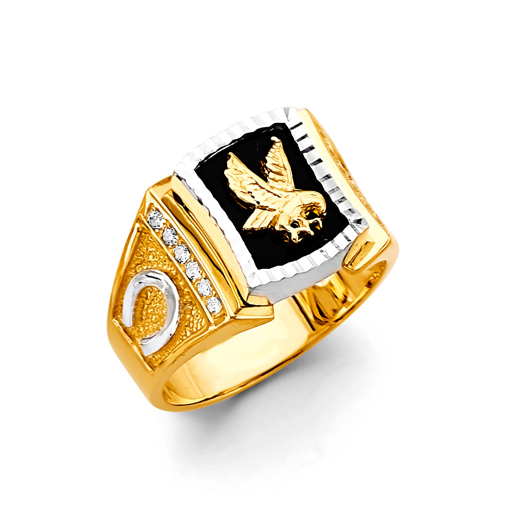 14K Two-Tone Men's Onyx Eagle Ring with Horseshoe Accents