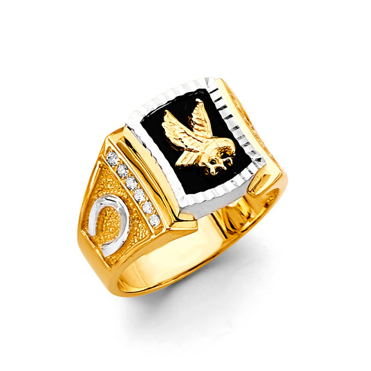 14K Two-Tone Men's Onyx Eagle Ring with Horseshoe Accents