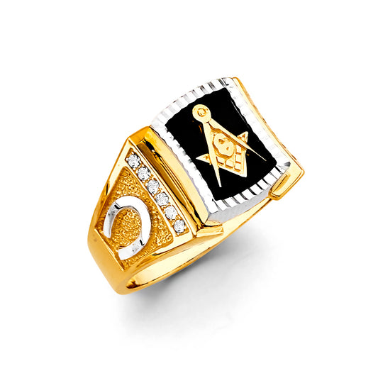 14K Two-Tone Men's Onyx Masonic Ring with Horseshoe Accents