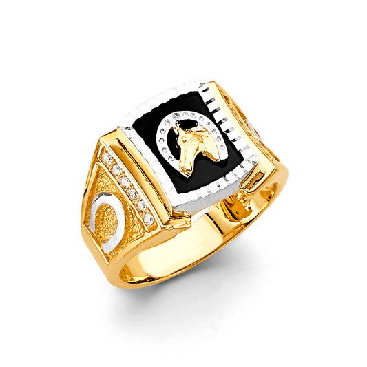 14K Two-Tone Men's Onyx Horse Head Ring with Horseshoe Accents