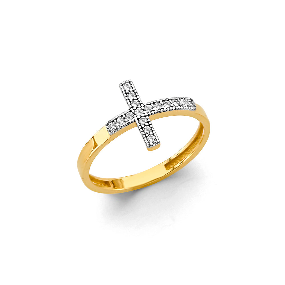 14K Two-Tone Gold Cross CZ Ring