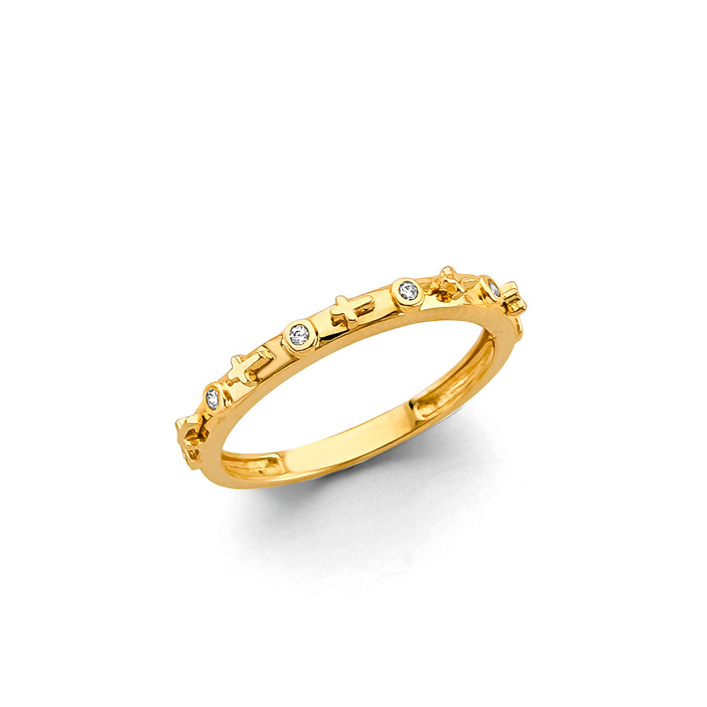 14K Yellow Gold Cross & CZ Band Ring