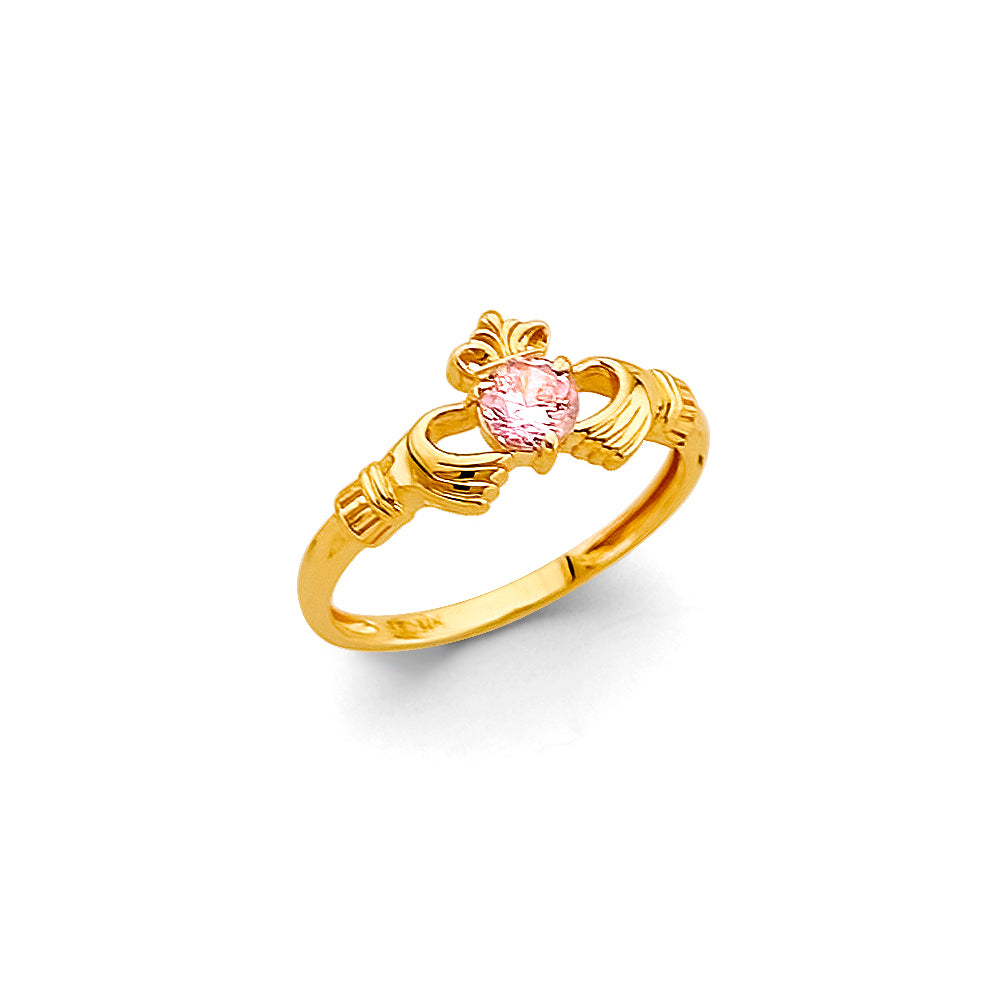14K Yellow Gold Claddagh Children's Ring  with Synthetic Pink Stone