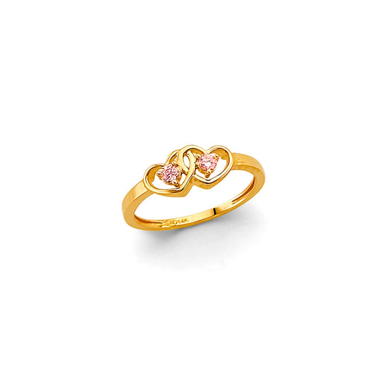 14K Yellow Gold Double Heart Children's Ring  with Synthetic Pink Stones