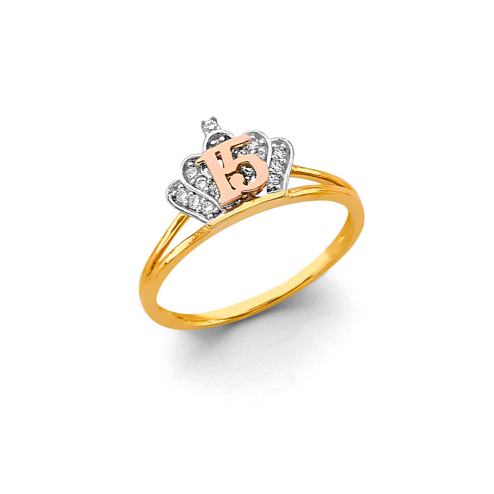 14K Tri-Color Quinceañera Crown Ring with CZ