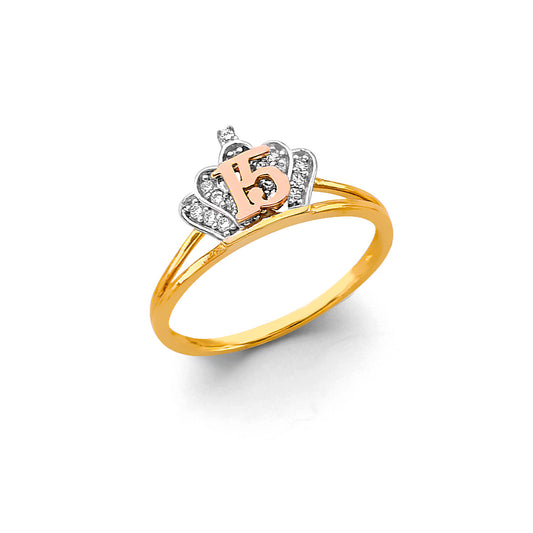 14K Tri-Color Quinceañera Crown Ring with CZ