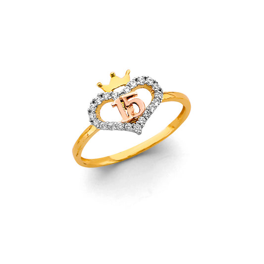 14K Tri-Color Quinceañera Heart Ring with Crown and CZ