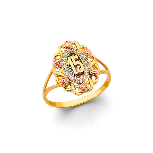 14K Two-Tone Quinceañera Ring with Rose Flowers and CZ Halo