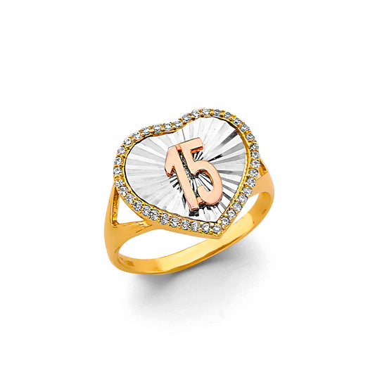 14K Tri-Color Quinceañera Heart Ring with CZ Halo