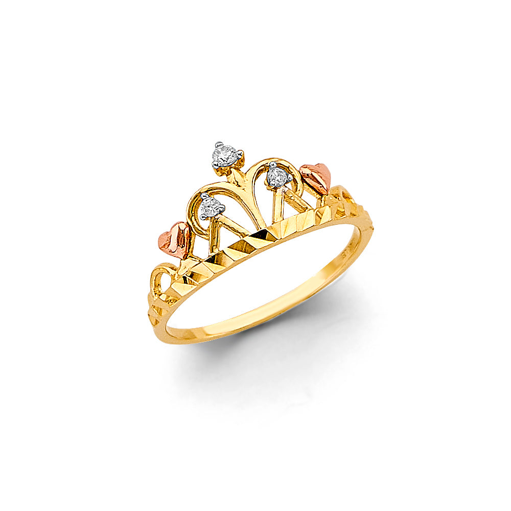 14K Yellow Gold Women's Two-Tone Crown Design CZ Ring