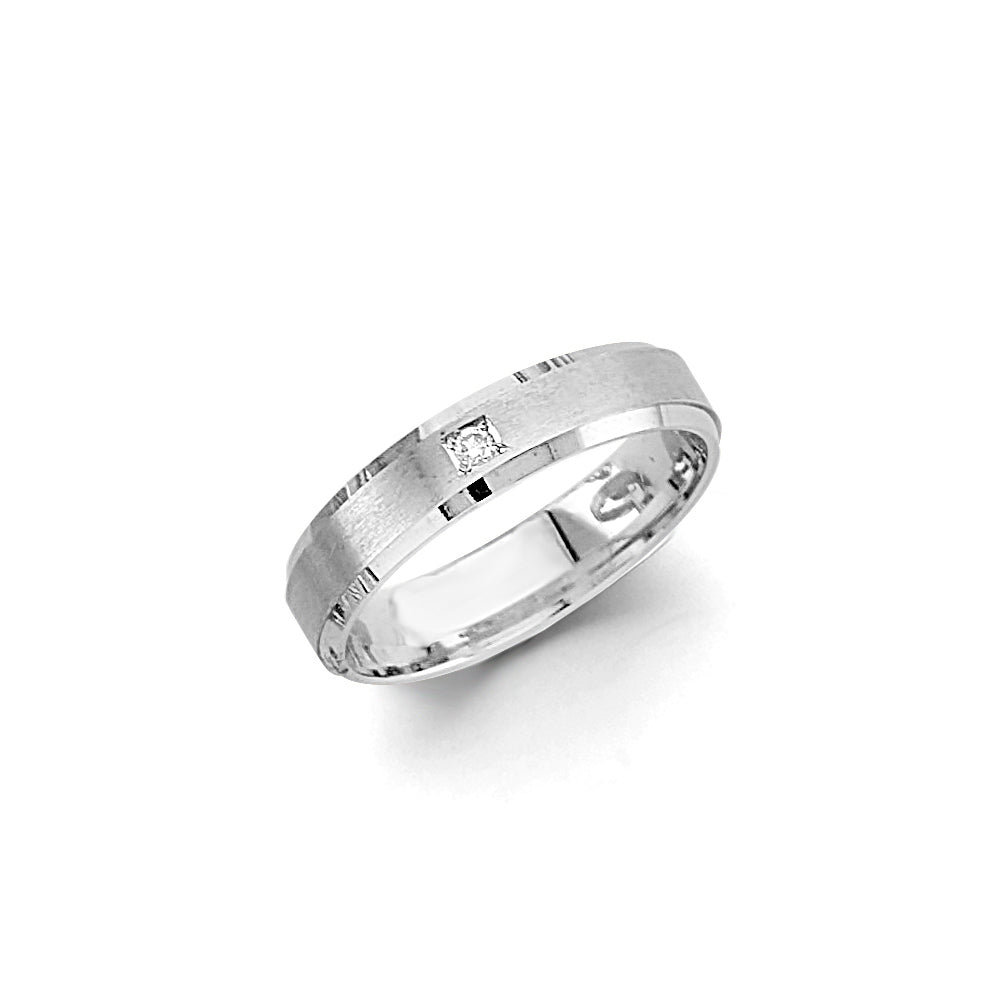 14K White Gold Satin Finish 4mm Women's Wedding Band with Princess-Cut CZ Accent