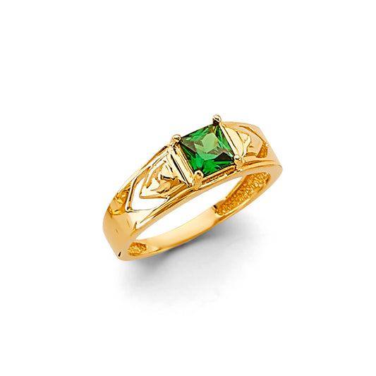 14K Yellow Gold Children’s / Teen’s Nugget Design Ring with Synthetic Princess-Cut Green Emerald