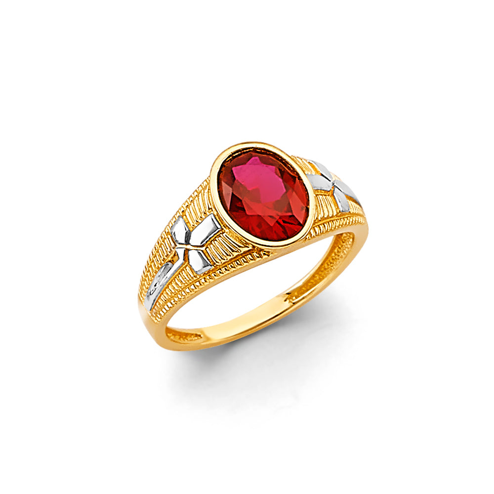 14K Two-Tone Gold Children’s / Teen’s Ring with Synthetic Oval Red Ruby and White Accents