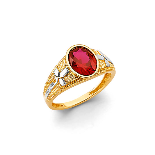 14K Two-Tone Gold Children’s / Teen’s Ring with Synthetic Oval Red Ruby and White Accents