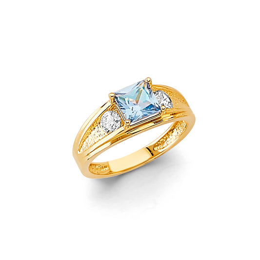 14K Yellow Gold Children’s / Teen’s Ring with Synthetic Princess-Cut Blue Stone and Cubic Zirconia Accents