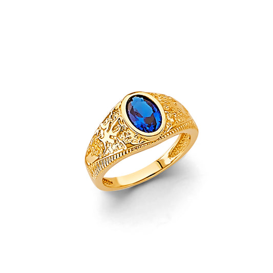 14K Yellow Gold Children’s / Teen’s Nugget Design Ring with Synthetic Oval Blue Stone
