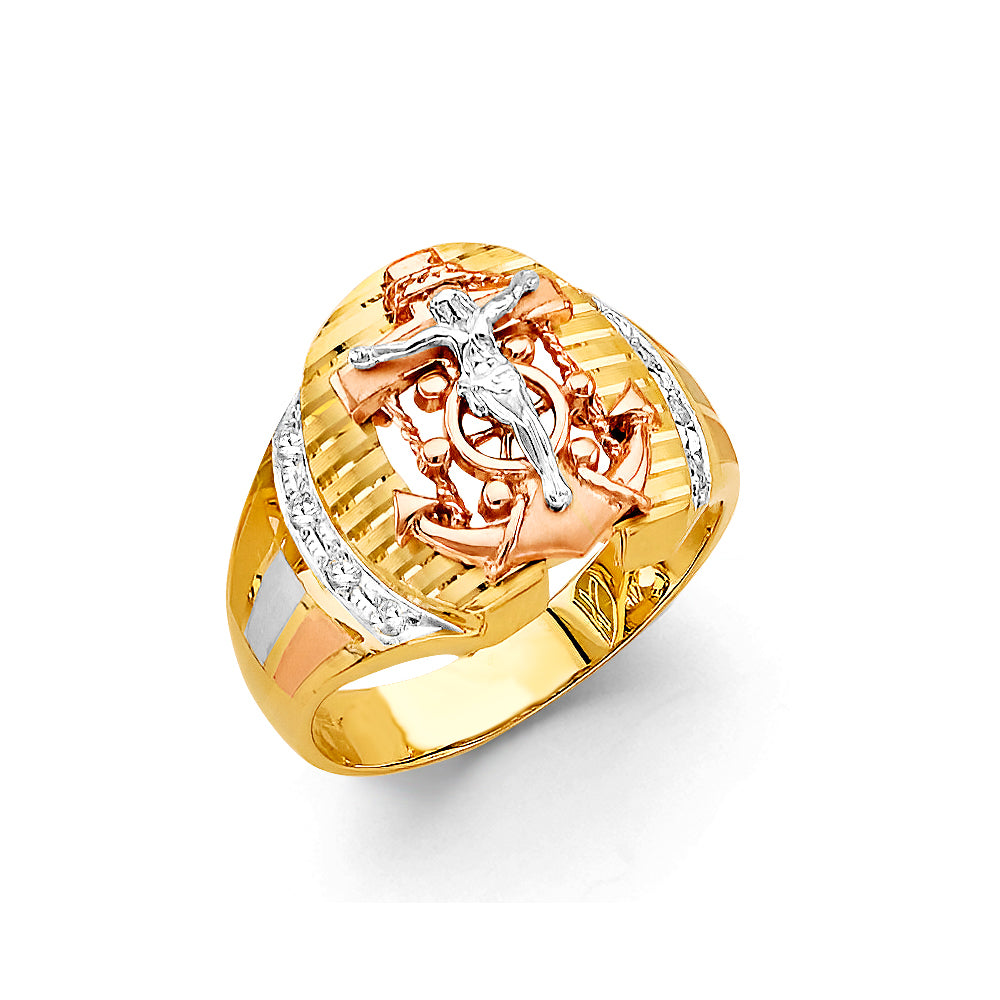 14K Tri-Color Gold Men's Crucifix Anchor Design Ring with CZ