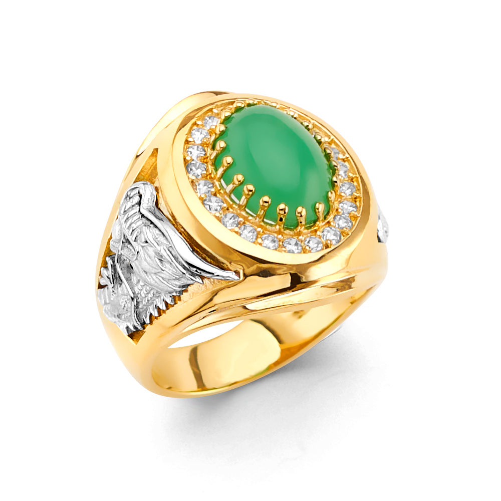 14K Two-Tone Gold Men’s Eagle Design Green Stone CZ Ring