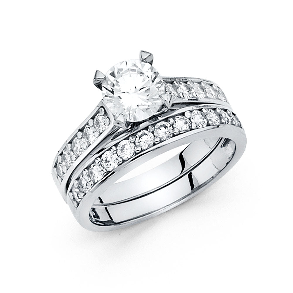 14K White Gold Round Center CZ 2-Piece Wedding Band Set