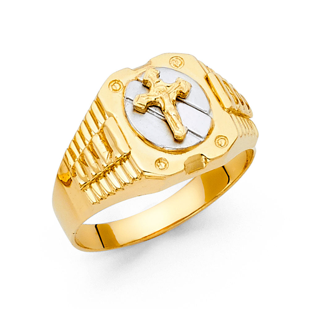 14K Two-Tone Gold Men’s Cross Medallion Design Ring