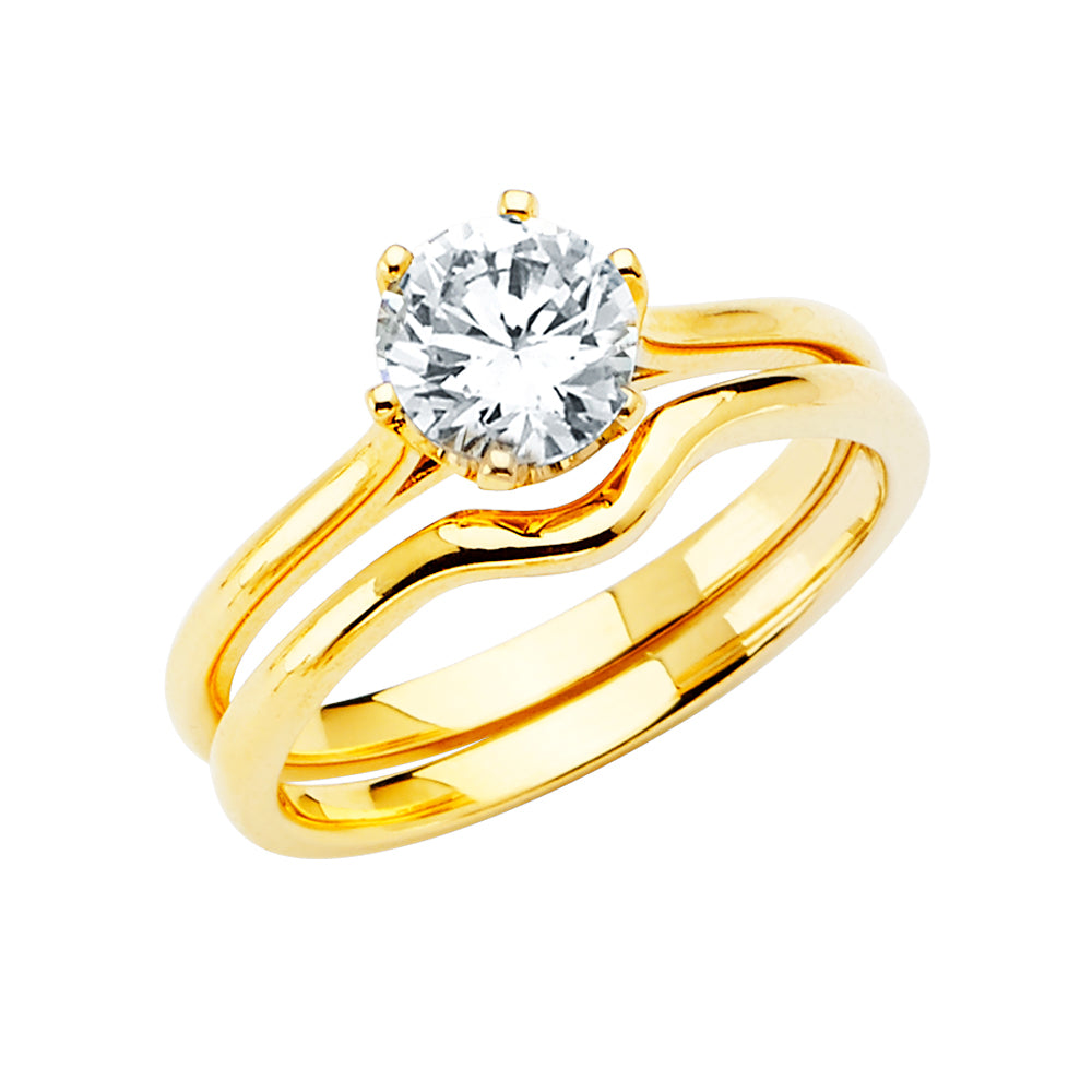 14K Yellow Gold Round Solitaire CZ Bypass 2-Piece Wedding Band Set