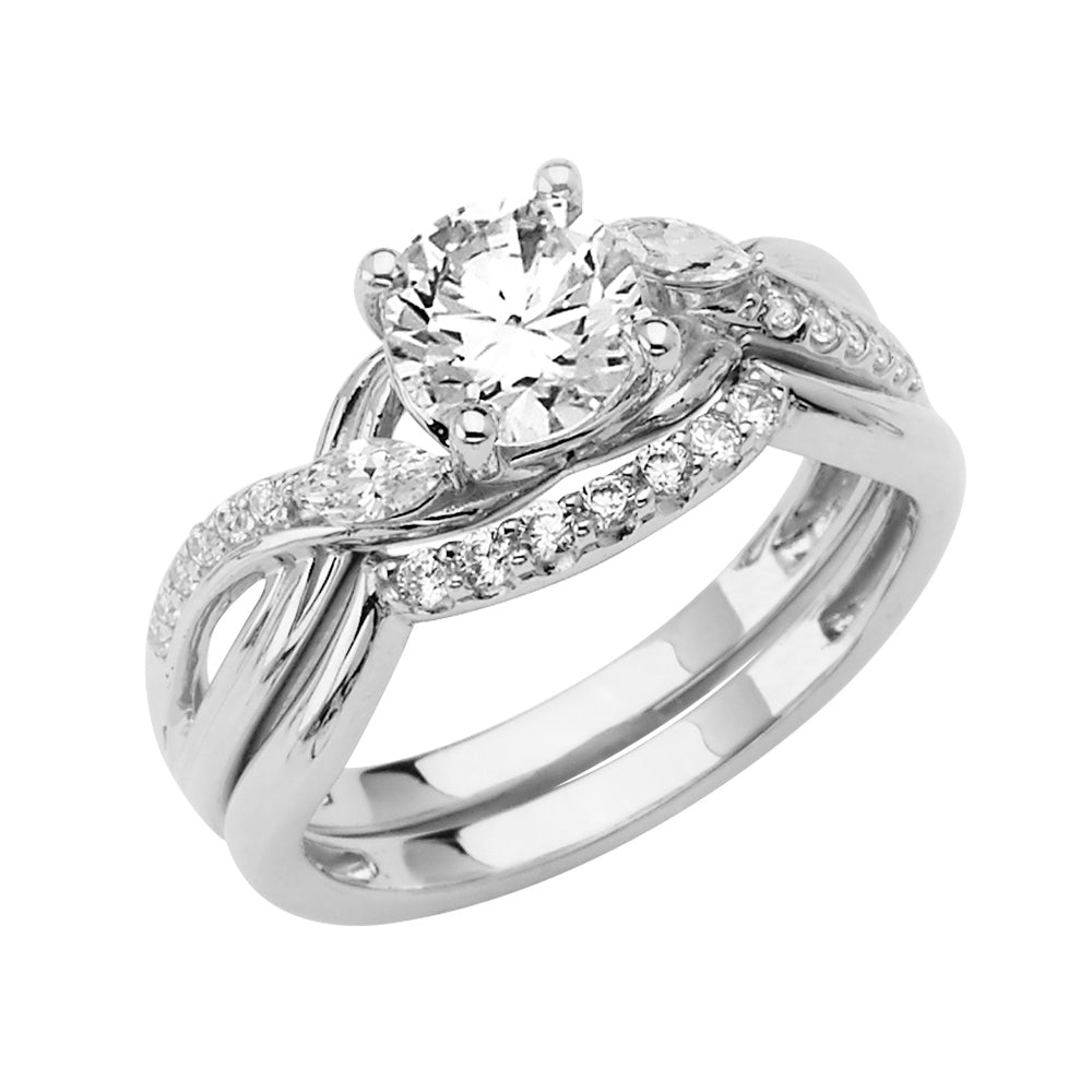14K White Gold 2-Piece 14K Wedding Band Set Round Center CZ with Twist Design and CZ Accents