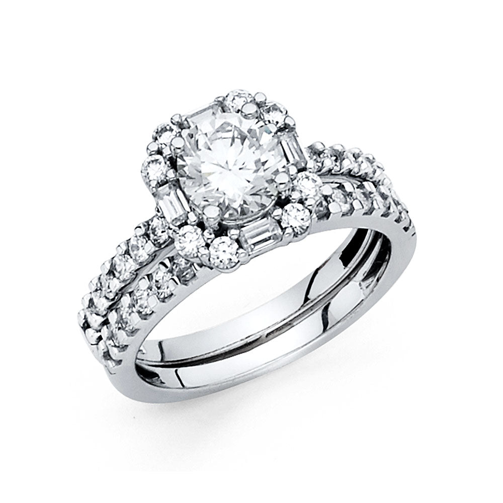 14K White Gold Halo CZ 2-Piece Bridal Ring Set