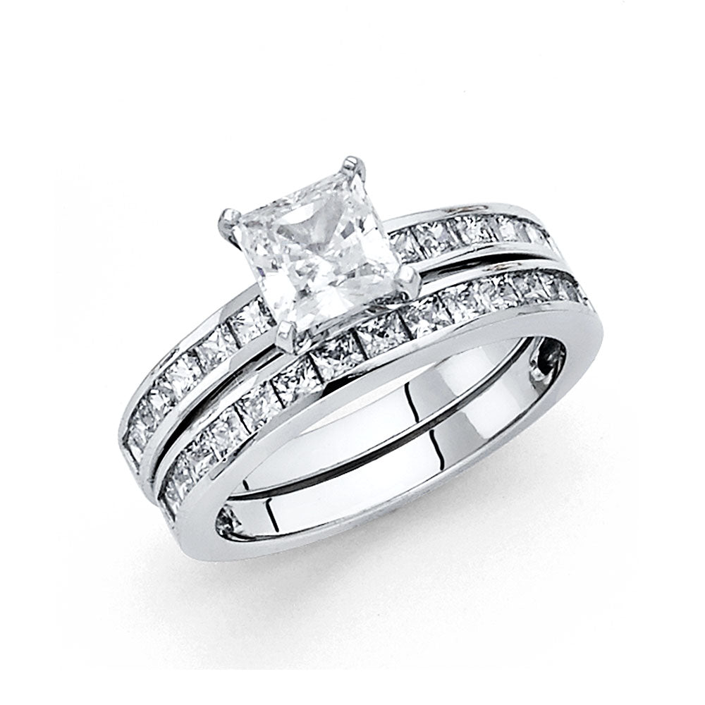 14K White Gold Women’s Solitaire Design Princess Cut CZ Ring with Matching Wedding Band