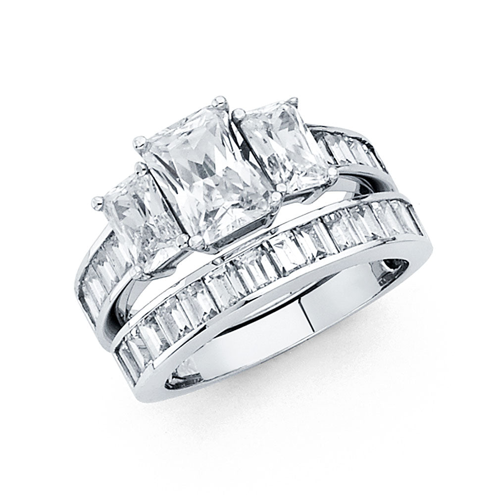 14K White Gold 2-Piece 14K Wedding Band Set with Emerald Cut CZ and Baguette CZ Accents