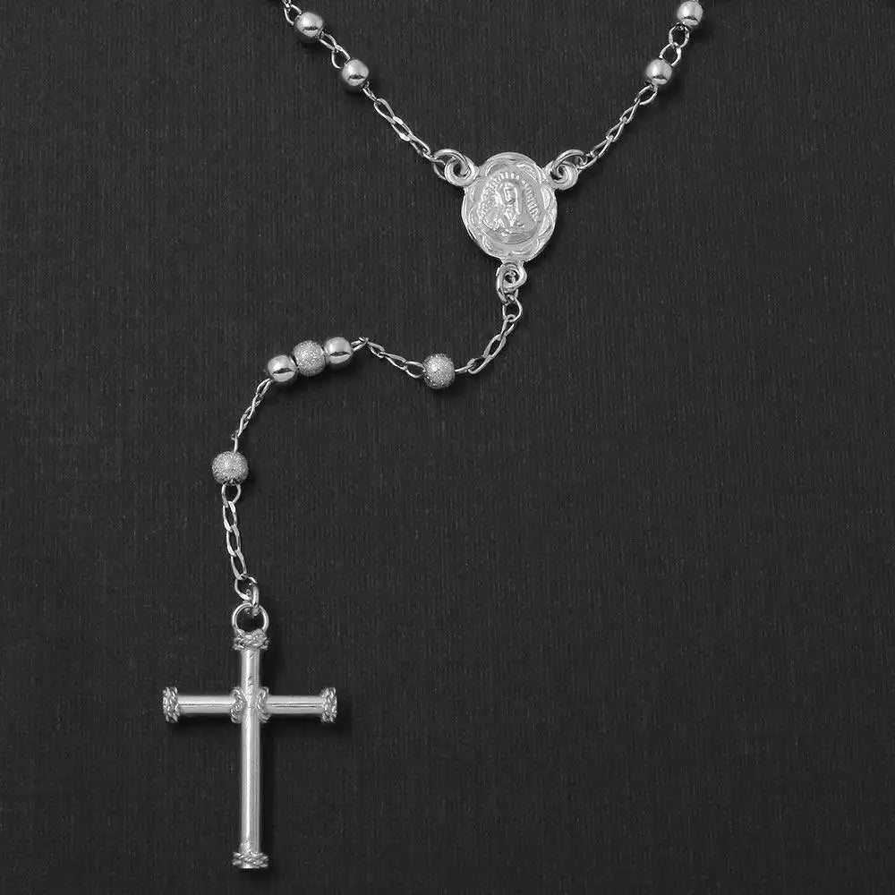 925 Sterling Silver Rhodium Plated Glittered and High Polished Beads Rosary Necklace 3mm