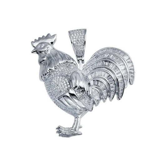 925 Sterling Silver Rhodium Plated CZ Rooster Hip Hop Pendant