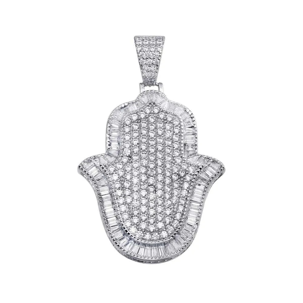 925 Sterling Silver Rhodium Plated Hamsa Hand Hip Hop Pendant
