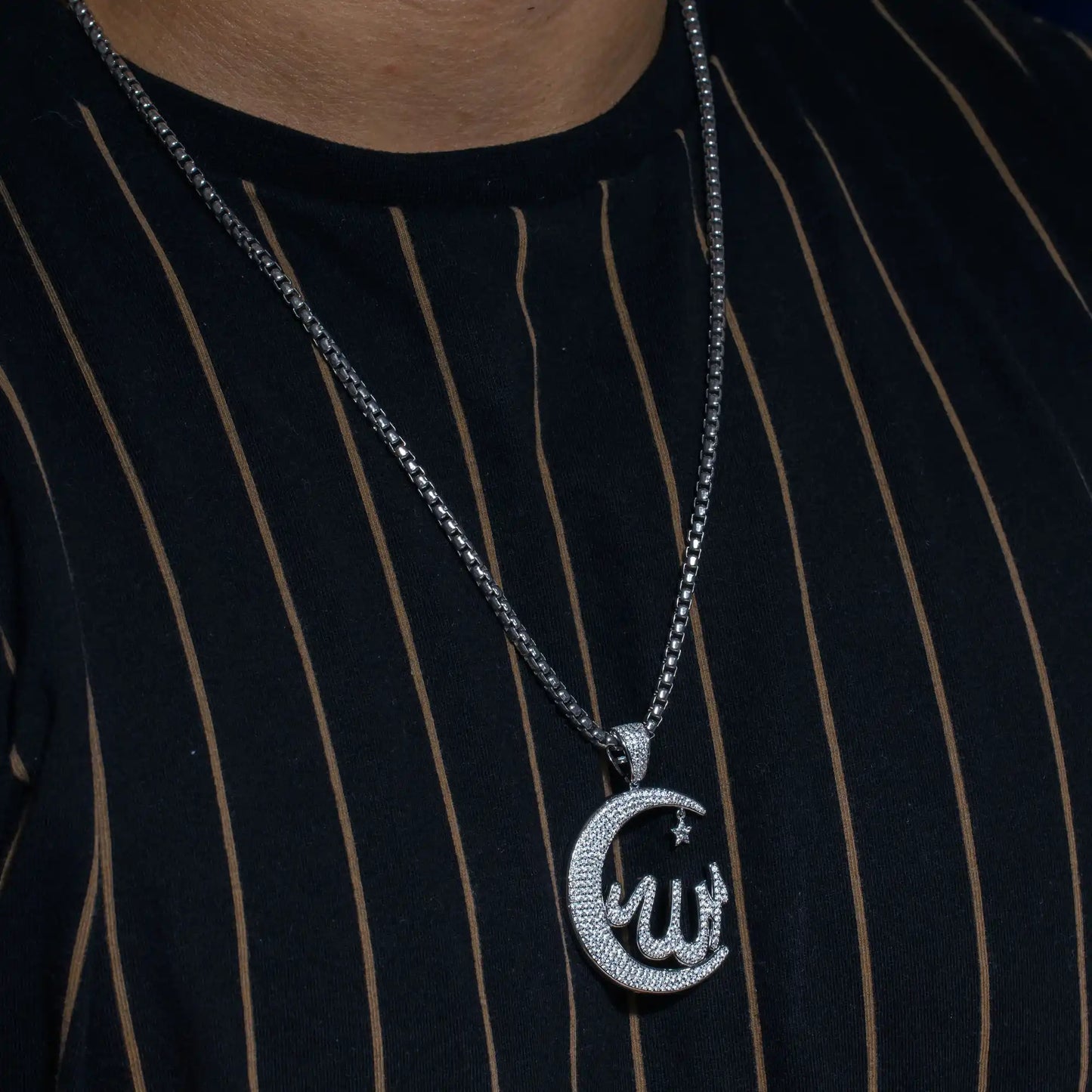 925 Sterling Silver Rhodium Plated Allah Crescent Hip Hop Pendant